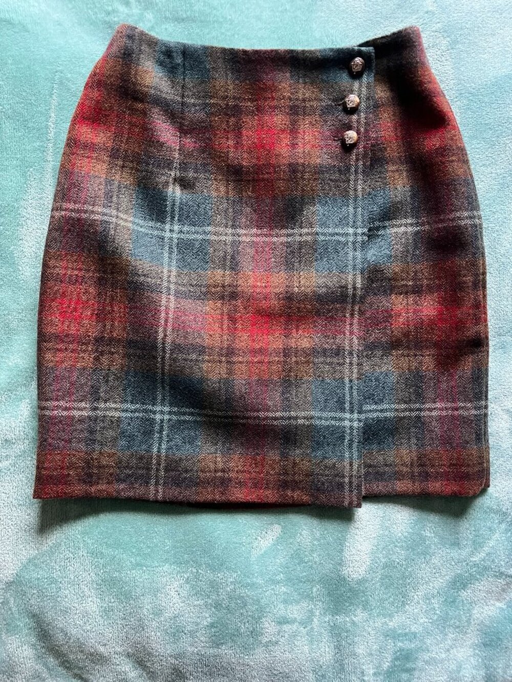 Lauren Ralph Lauren Vintage 100% Wool Plaid Wrap Skirt 2P w/Extra Crest Button